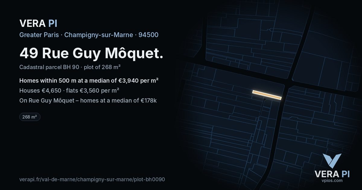 49 Rue Guy Môquet, Champigny-sur-Marne at night – the plot lit, the parcels around coloured by the prices near them