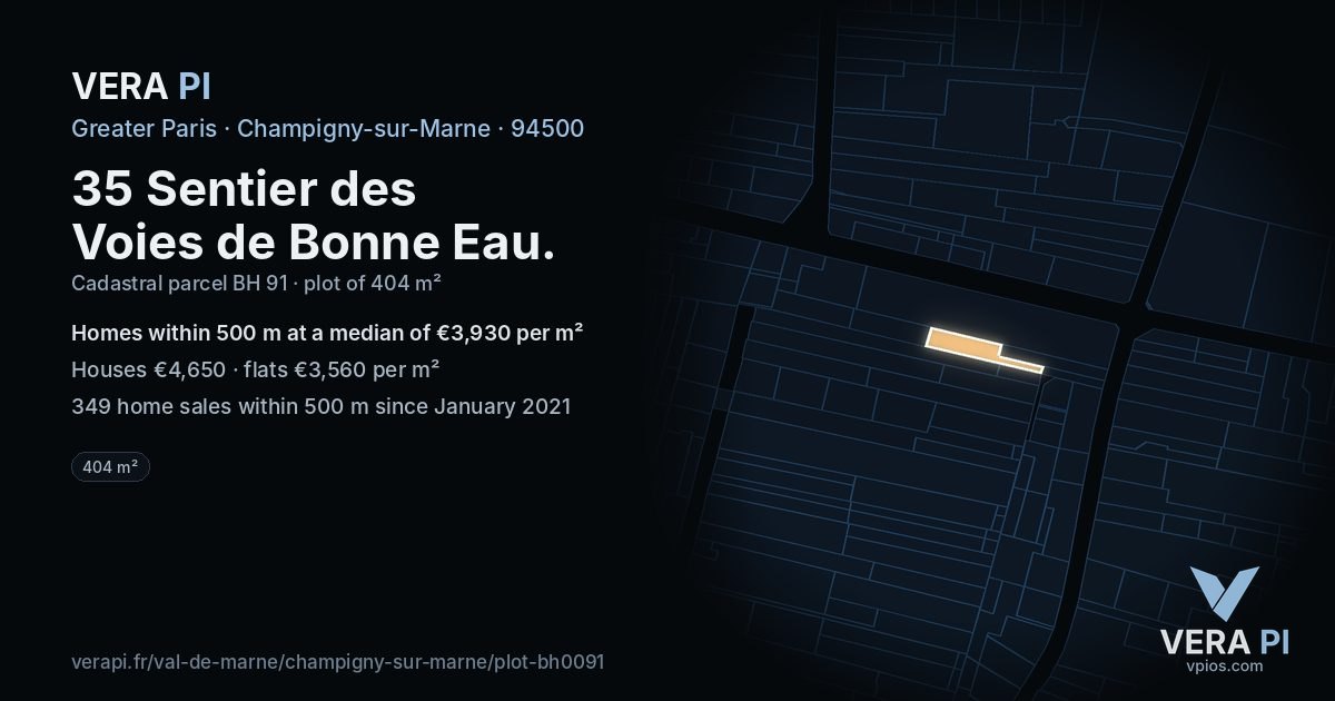 35 Sentier des Voies de Bonne Eau, Champigny-sur-Marne at night – the plot lit, the parcels around coloured by the prices near them