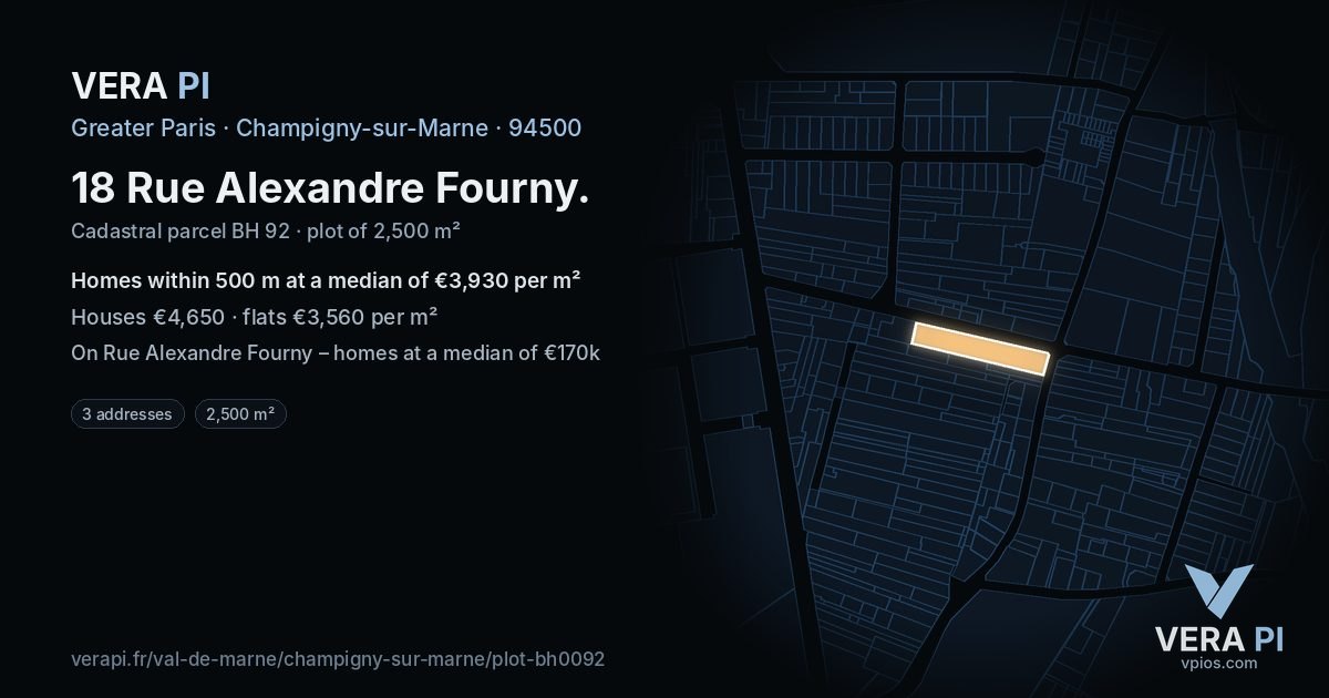 18 Rue Alexandre Fourny, Champigny-sur-Marne at night – the plot lit, the parcels around coloured by the prices near them
