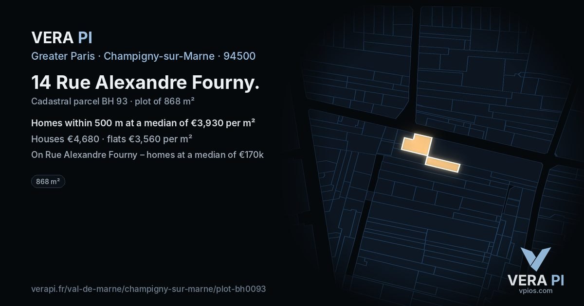 14 Rue Alexandre Fourny, Champigny-sur-Marne at night – the plot lit, the parcels around coloured by the prices near them