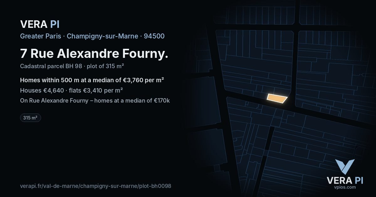7 Rue Alexandre Fourny, Champigny-sur-Marne at night – the plot lit, the parcels around coloured by the prices near them