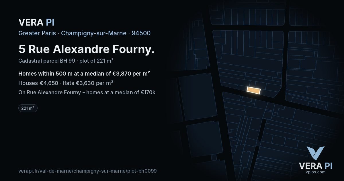 5 Rue Alexandre Fourny, Champigny-sur-Marne at night – the plot lit, the parcels around coloured by the prices near them