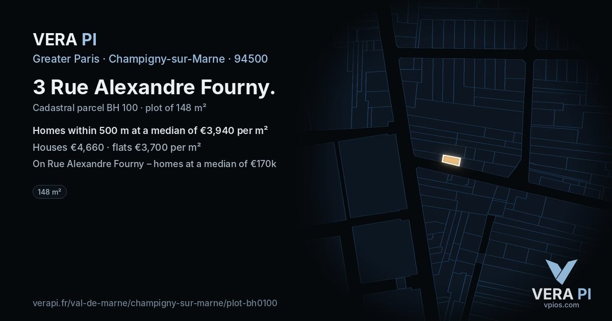 3 Rue Alexandre Fourny, Champigny-sur-Marne at night – the plot lit, the parcels around coloured by the prices near them