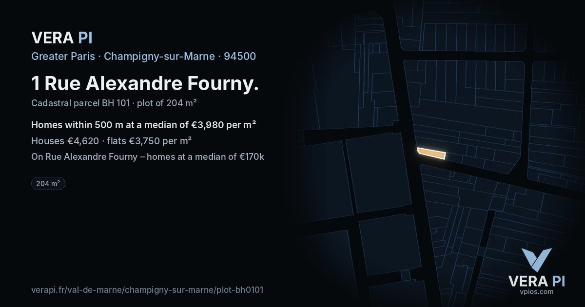 1 Rue Alexandre Fourny, Champigny-sur-Marne at night – the plot lit, the parcels around coloured by the prices near them