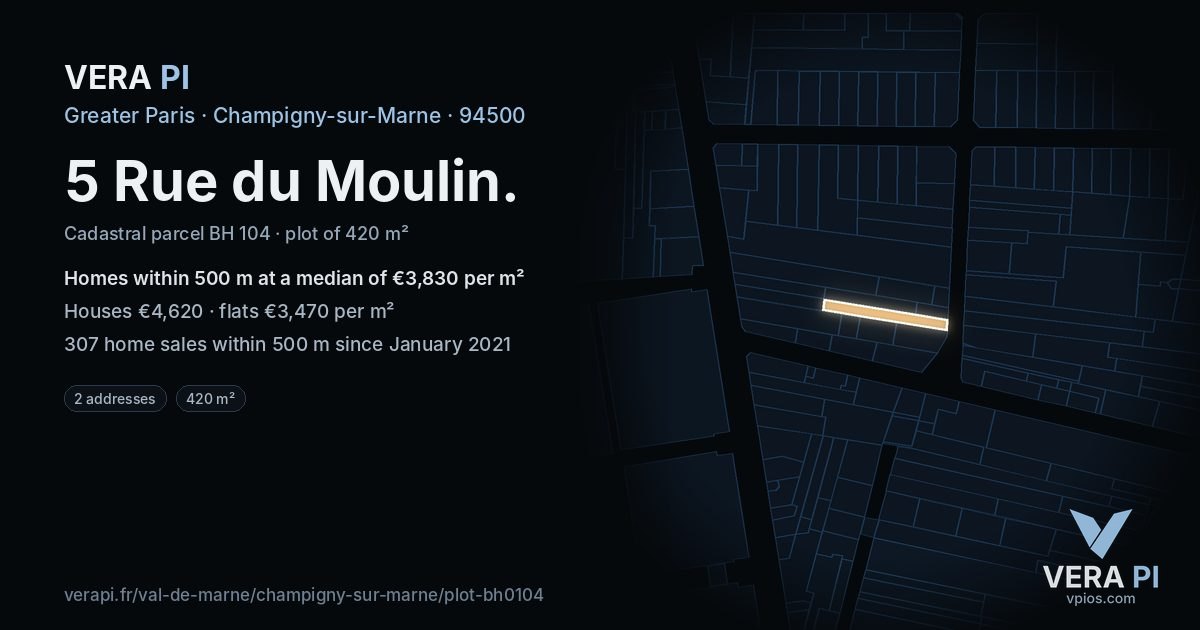5 Rue du Moulin, Champigny-sur-Marne at night – the plot lit, the parcels around coloured by the prices near them