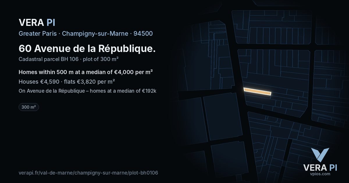 60 Avenue de la République, Champigny-sur-Marne at night – the plot lit, the parcels around coloured by the prices near them