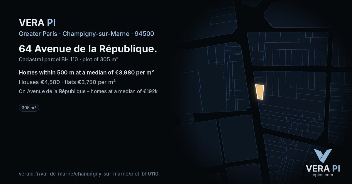 64 Avenue de la République, Champigny-sur-Marne at night – the plot lit, the parcels around coloured by the prices near them