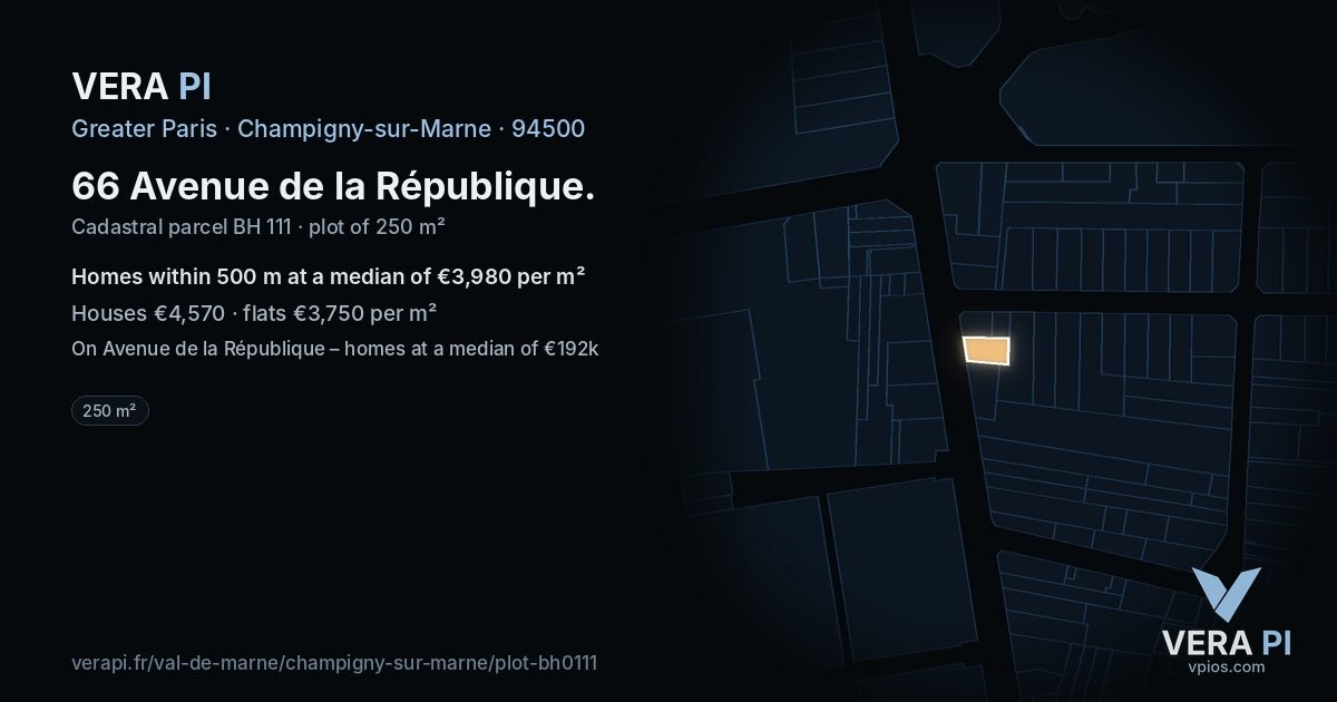 66 Avenue de la République, Champigny-sur-Marne at night – the plot lit, the parcels around coloured by the prices near them