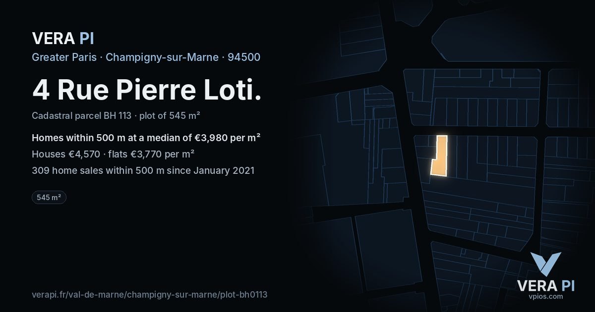 4 Rue Pierre Loti, Champigny-sur-Marne at night – the plot lit, the parcels around coloured by the prices near them