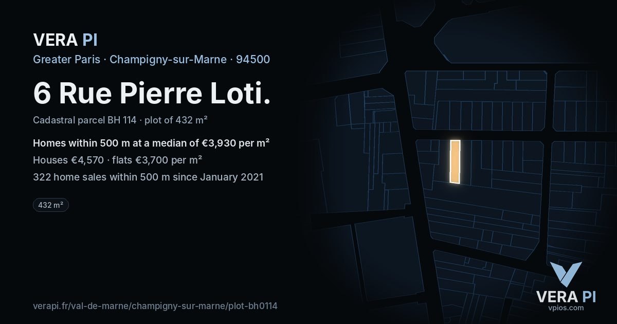 6 Rue Pierre Loti, Champigny-sur-Marne at night – the plot lit, the parcels around coloured by the prices near them