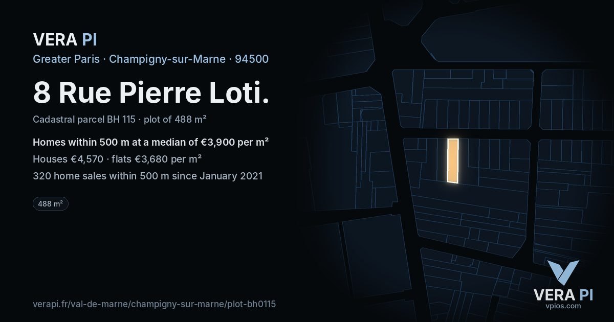 8 Rue Pierre Loti, Champigny-sur-Marne at night – the plot lit, the parcels around coloured by the prices near them