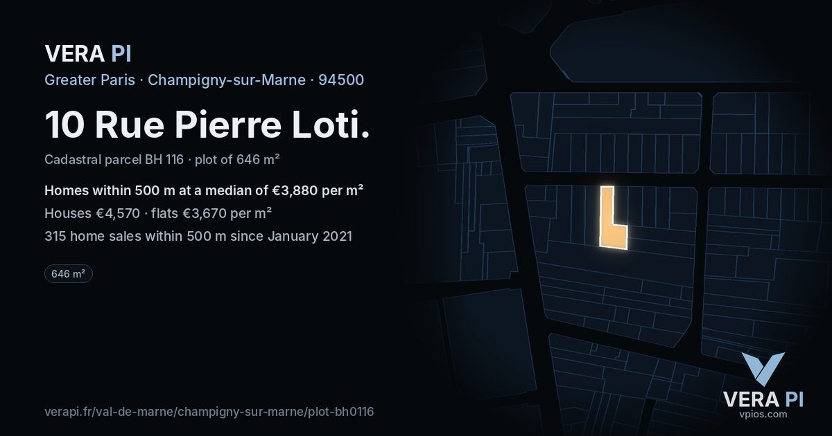 10 Rue Pierre Loti, Champigny-sur-Marne at night – the plot lit, the parcels around coloured by the prices near them