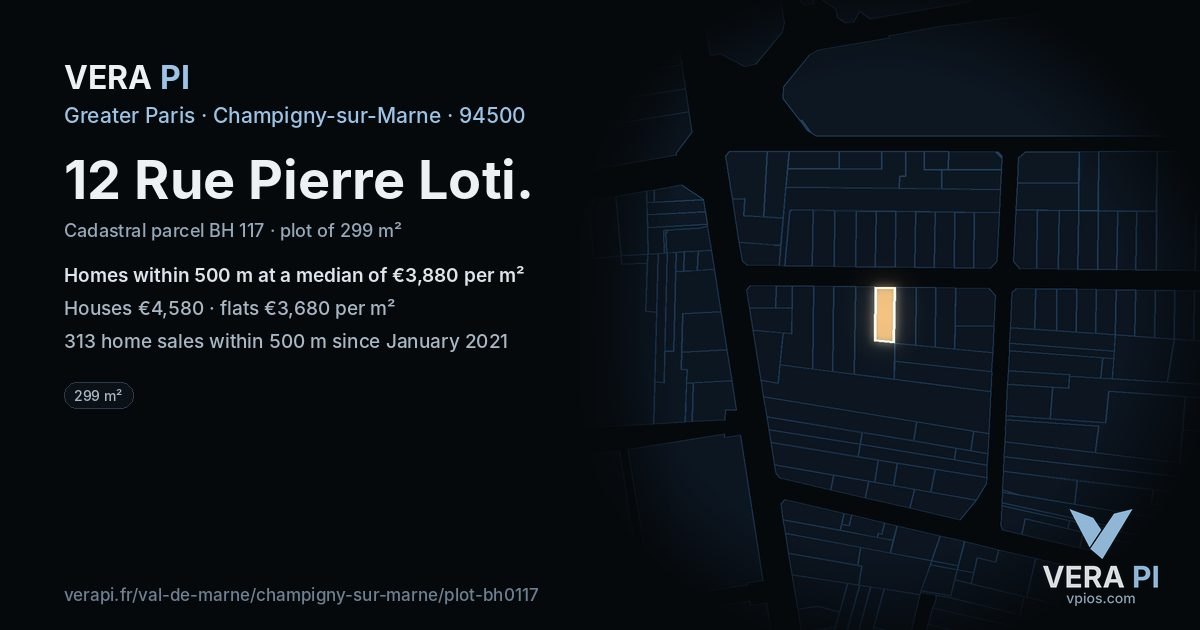 12 Rue Pierre Loti, Champigny-sur-Marne at night – the plot lit, the parcels around coloured by the prices near them