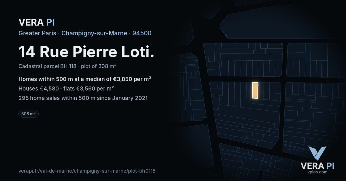 14 Rue Pierre Loti, Champigny-sur-Marne at night – the plot lit, the parcels around coloured by the prices near them