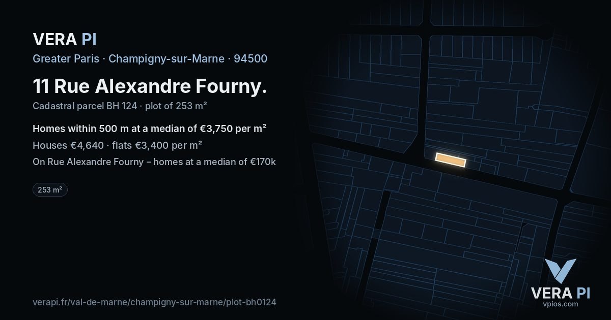 11 Rue Alexandre Fourny, Champigny-sur-Marne at night – the plot lit, the parcels around coloured by the prices near them