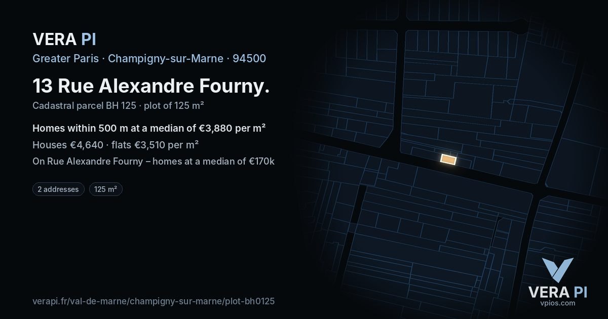 13 Rue Alexandre Fourny, Champigny-sur-Marne at night – the plot lit, the parcels around coloured by the prices near them
