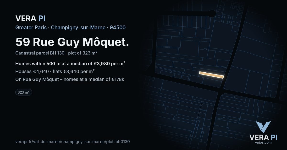 59 Rue Guy Môquet, Champigny-sur-Marne at night – the plot lit, the parcels around coloured by the prices near them