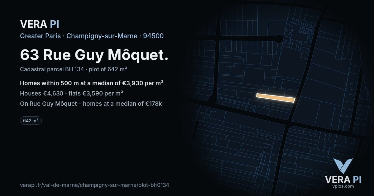 63 Rue Guy Môquet, Champigny-sur-Marne at night – the plot lit, the parcels around coloured by the prices near them