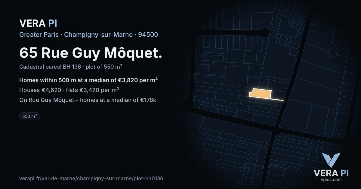 65 Rue Guy Môquet, Champigny-sur-Marne at night – the plot lit, the parcels around coloured by the prices near them