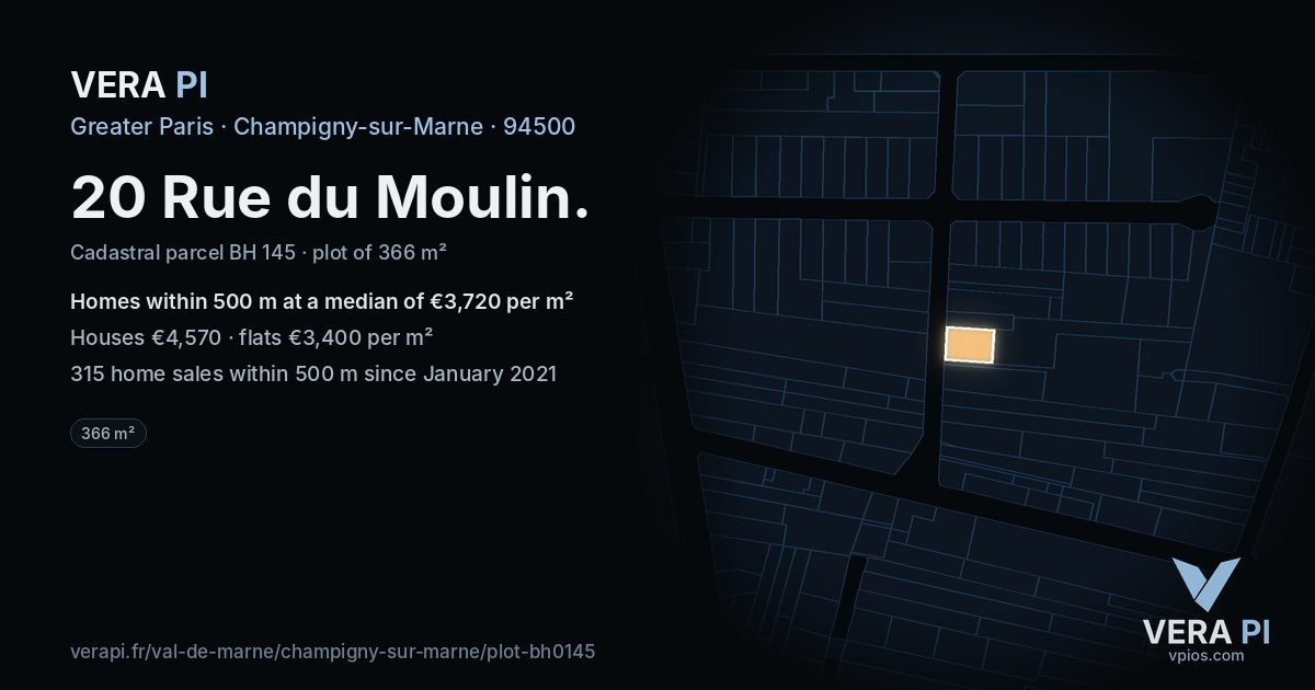 20 Rue du Moulin, Champigny-sur-Marne at night – the plot lit, the parcels around coloured by the prices near them
