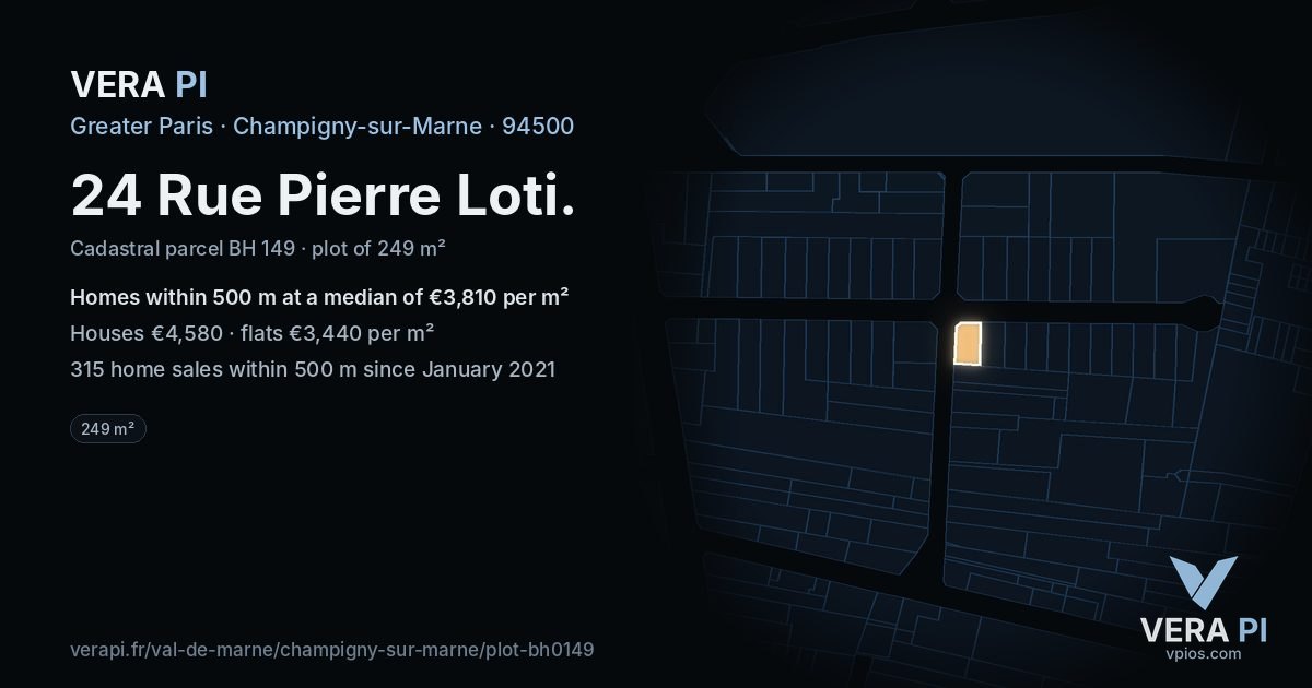 24 Rue Pierre Loti, Champigny-sur-Marne at night – the plot lit, the parcels around coloured by the prices near them
