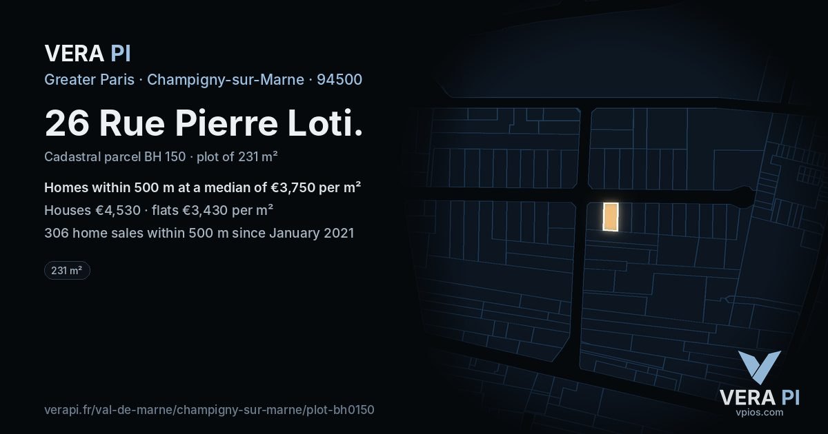 26 Rue Pierre Loti, Champigny-sur-Marne at night – the plot lit, the parcels around coloured by the prices near them