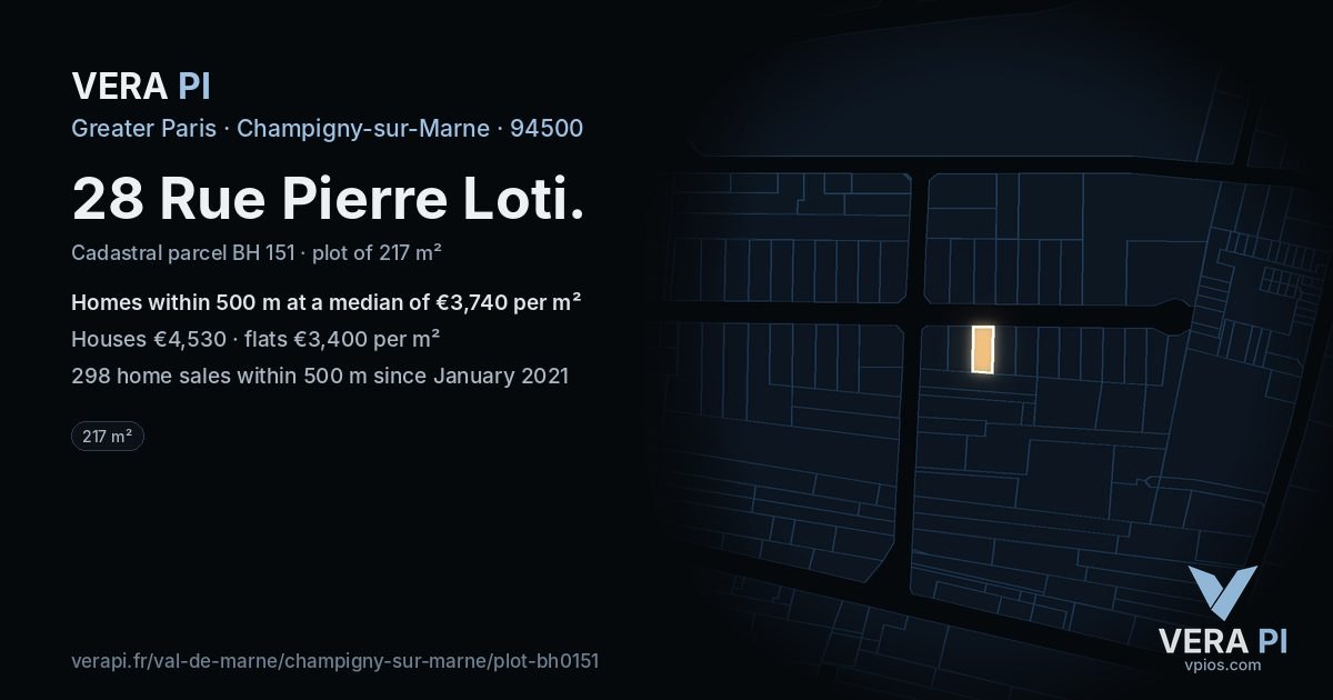 28 Rue Pierre Loti, Champigny-sur-Marne at night – the plot lit, the parcels around coloured by the prices near them