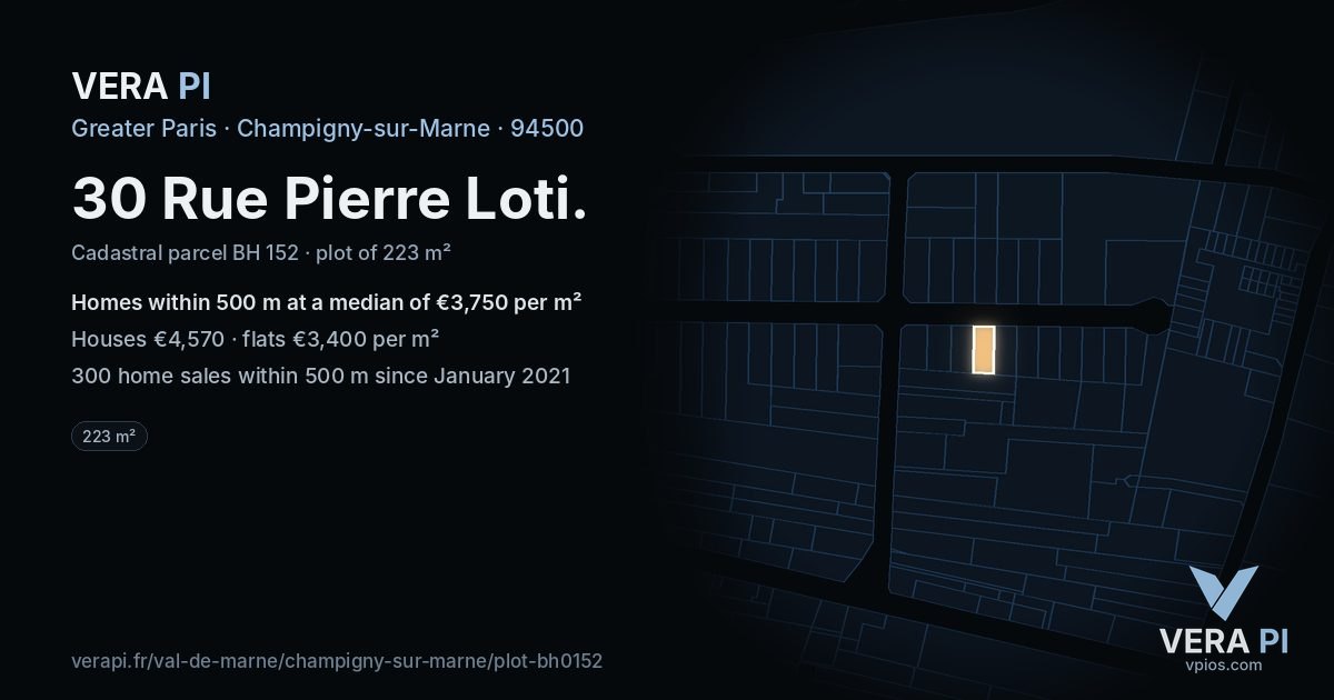 30 Rue Pierre Loti, Champigny-sur-Marne at night – the plot lit, the parcels around coloured by the prices near them