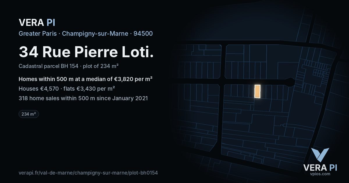 34 Rue Pierre Loti, Champigny-sur-Marne at night – the plot lit, the parcels around coloured by the prices near them
