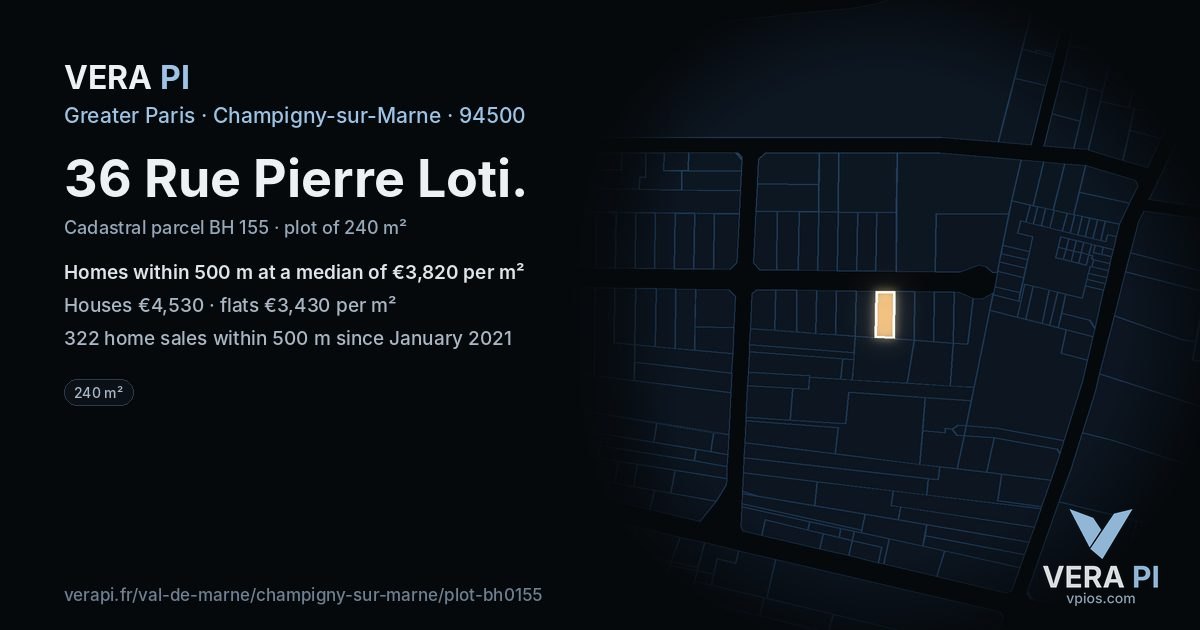 36 Rue Pierre Loti, Champigny-sur-Marne at night – the plot lit, the parcels around coloured by the prices near them