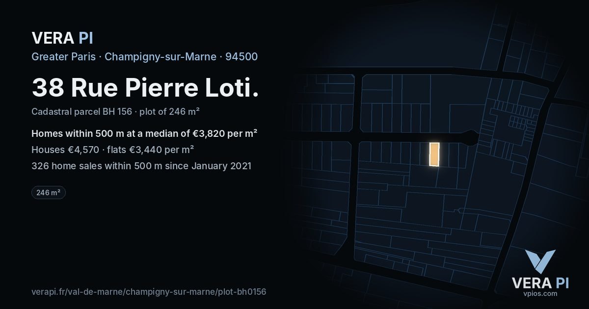 38 Rue Pierre Loti, Champigny-sur-Marne at night – the plot lit, the parcels around coloured by the prices near them