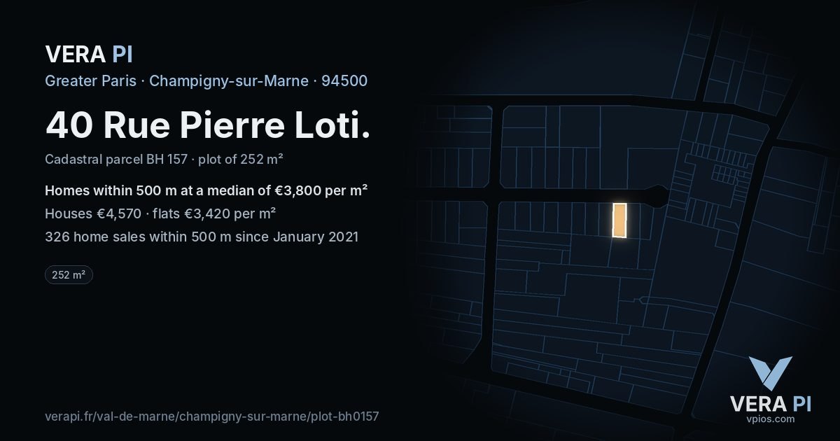 40 Rue Pierre Loti, Champigny-sur-Marne at night – the plot lit, the parcels around coloured by the prices near them