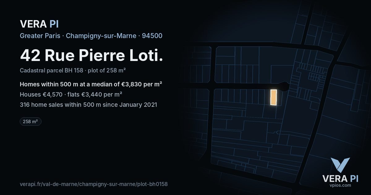 42 Rue Pierre Loti, Champigny-sur-Marne at night – the plot lit, the parcels around coloured by the prices near them