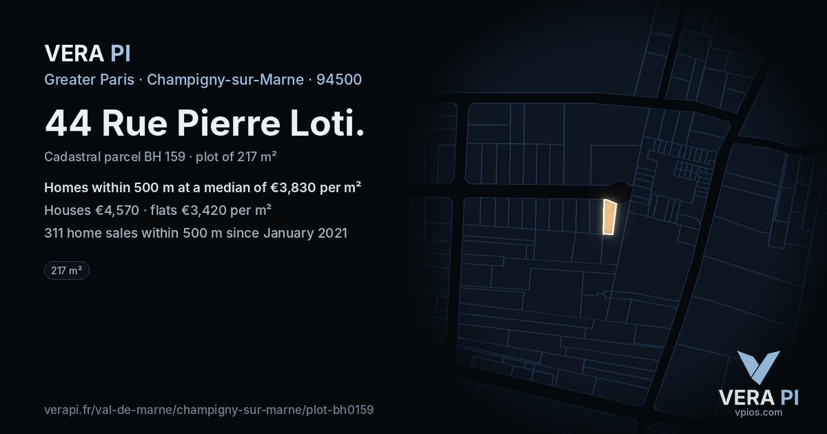 44 Rue Pierre Loti, Champigny-sur-Marne at night – the plot lit, the parcels around coloured by the prices near them