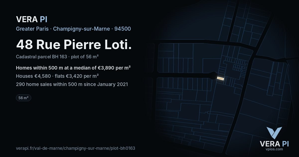 48 Rue Pierre Loti, Champigny-sur-Marne at night – the plot lit, the parcels around coloured by the prices near them