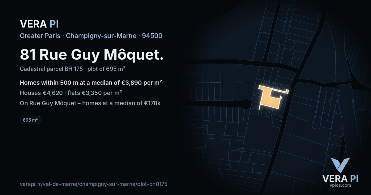 81 Rue Guy Môquet, Champigny-sur-Marne at night – the plot lit, the parcels around coloured by the prices near them