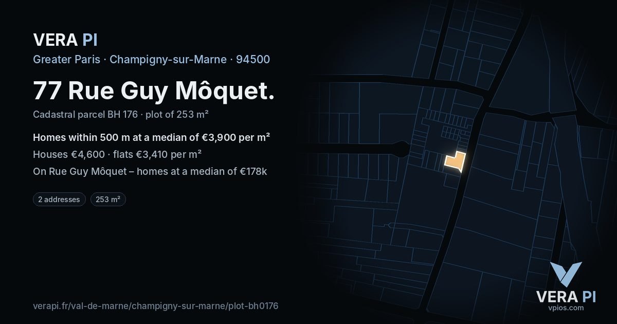 77 Rue Guy Môquet, Champigny-sur-Marne at night – the plot lit, the parcels around coloured by the prices near them