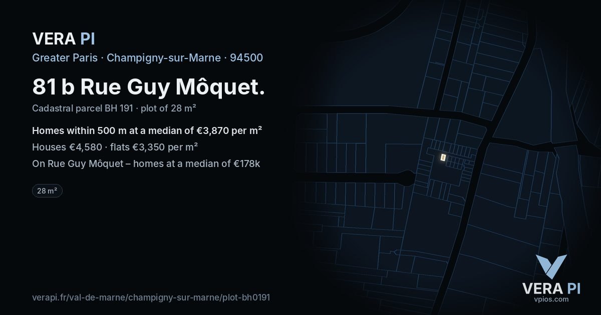 81 b Rue Guy Môquet, Champigny-sur-Marne at night – the plot lit, the parcels around coloured by the prices near them
