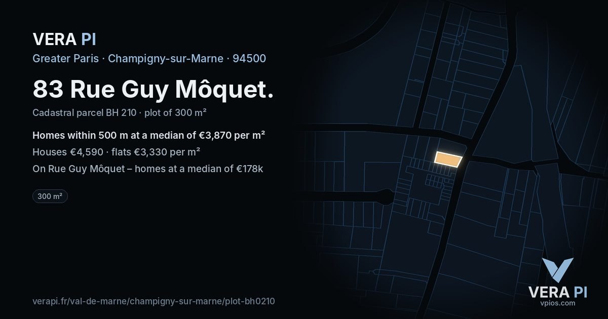 83 Rue Guy Môquet, Champigny-sur-Marne at night – the plot lit, the parcels around coloured by the prices near them