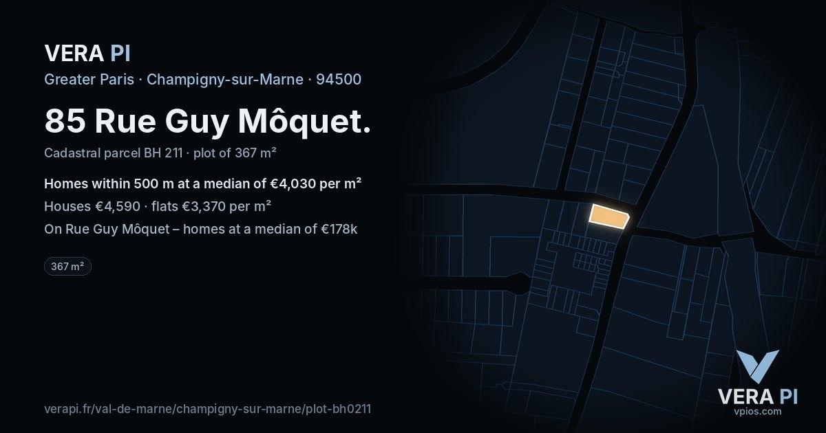 85 Rue Guy Môquet, Champigny-sur-Marne at night – the plot lit, the parcels around coloured by the prices near them