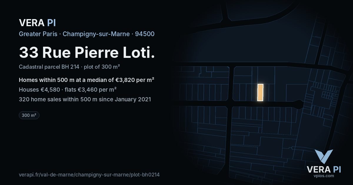 33 Rue Pierre Loti, Champigny-sur-Marne at night – the plot lit, the parcels around coloured by the prices near them