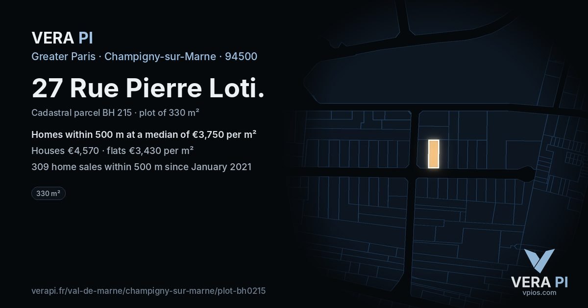 27 Rue Pierre Loti, Champigny-sur-Marne at night – the plot lit, the parcels around coloured by the prices near them