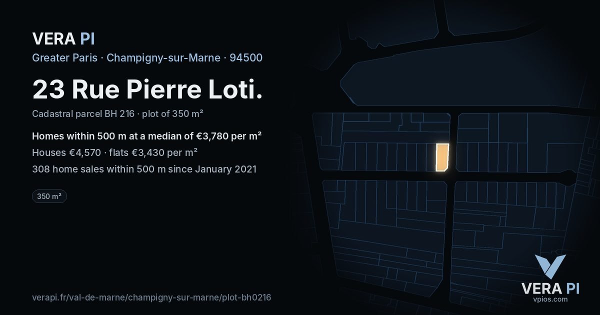 23 Rue Pierre Loti, Champigny-sur-Marne at night – the plot lit, the parcels around coloured by the prices near them