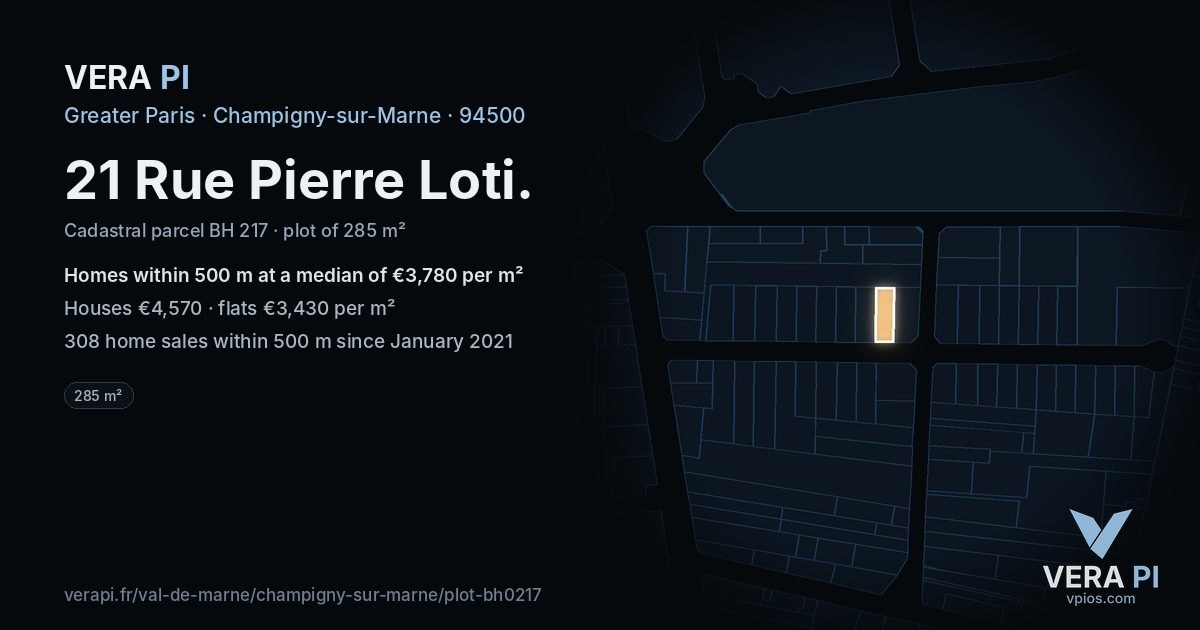 21 Rue Pierre Loti, Champigny-sur-Marne at night – the plot lit, the parcels around coloured by the prices near them