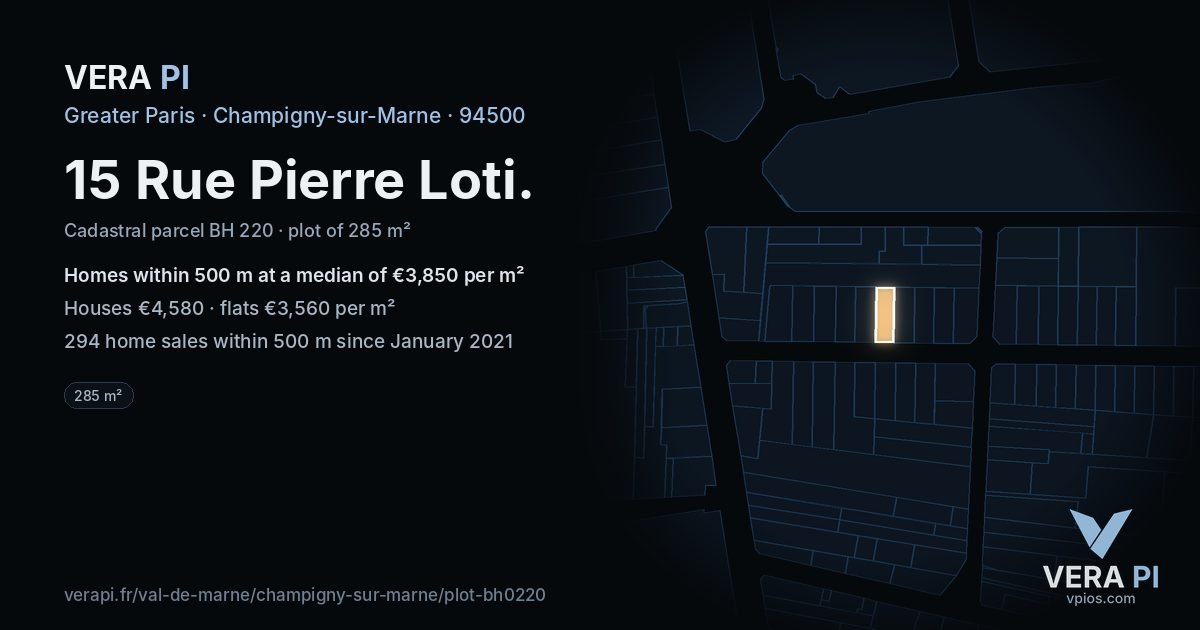 15 Rue Pierre Loti, Champigny-sur-Marne at night – the plot lit, the parcels around coloured by the prices near them
