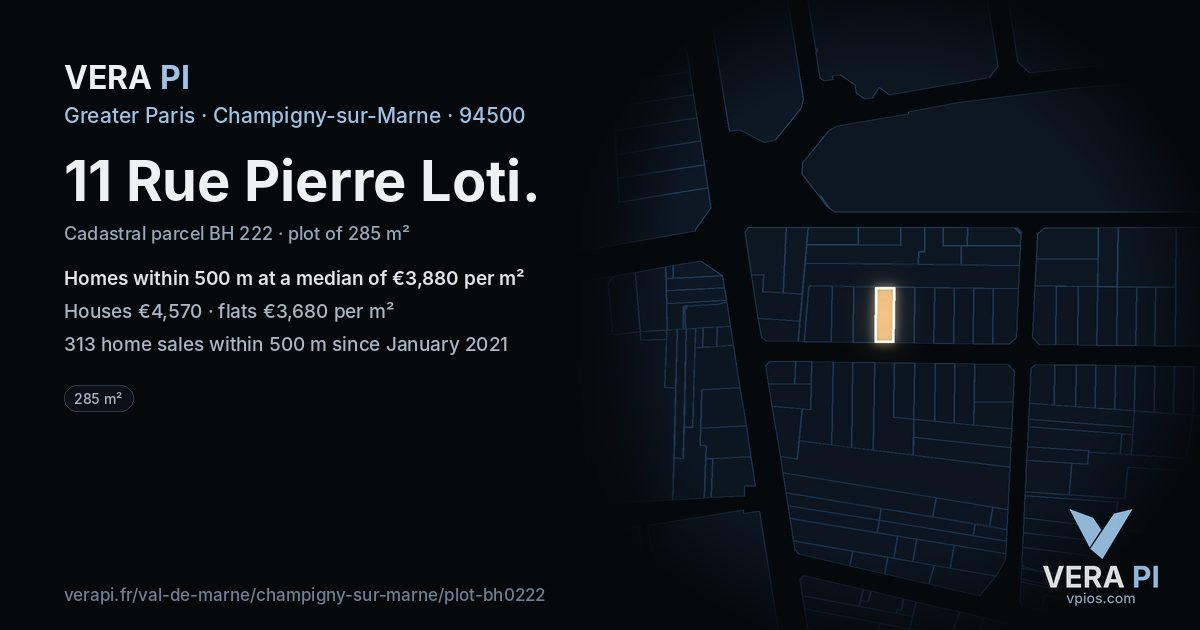 11 Rue Pierre Loti, Champigny-sur-Marne at night – the plot lit, the parcels around coloured by the prices near them
