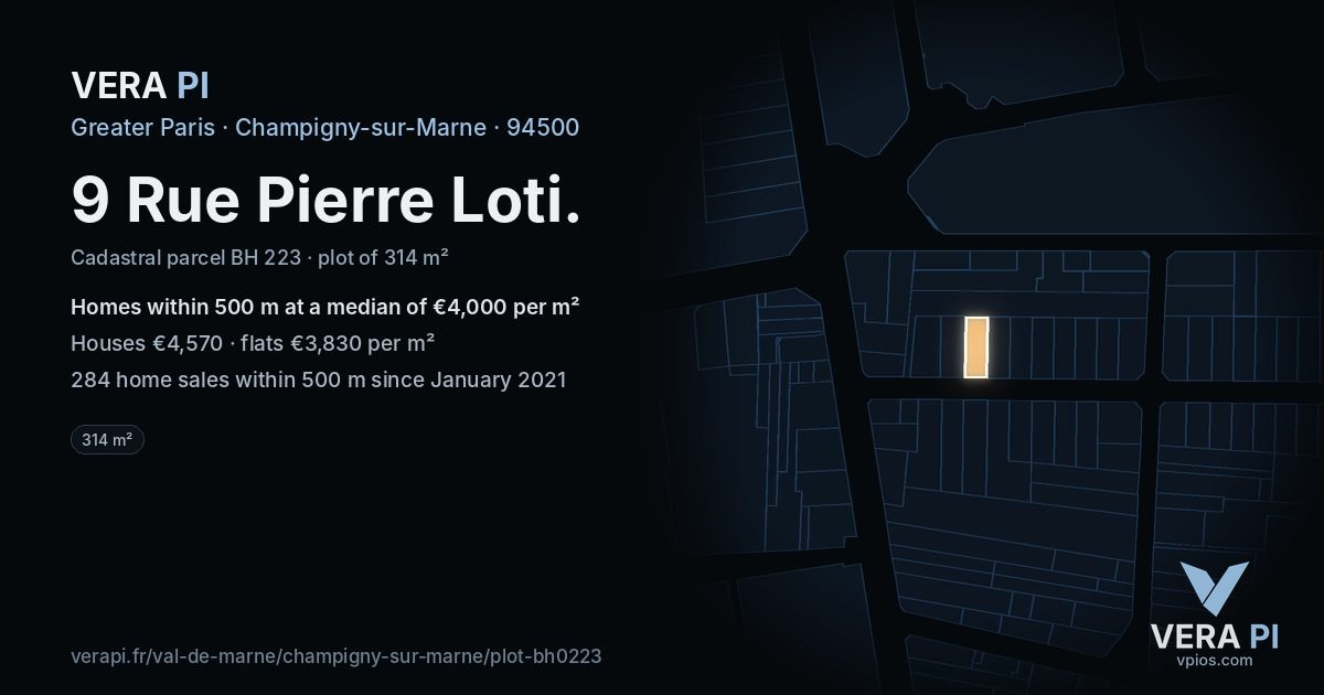 9 Rue Pierre Loti, Champigny-sur-Marne at night – the plot lit, the parcels around coloured by the prices near them