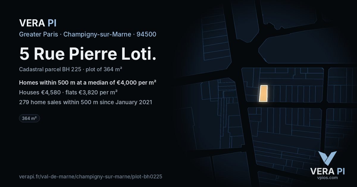 5 Rue Pierre Loti, Champigny-sur-Marne at night – the plot lit, the parcels around coloured by the prices near them