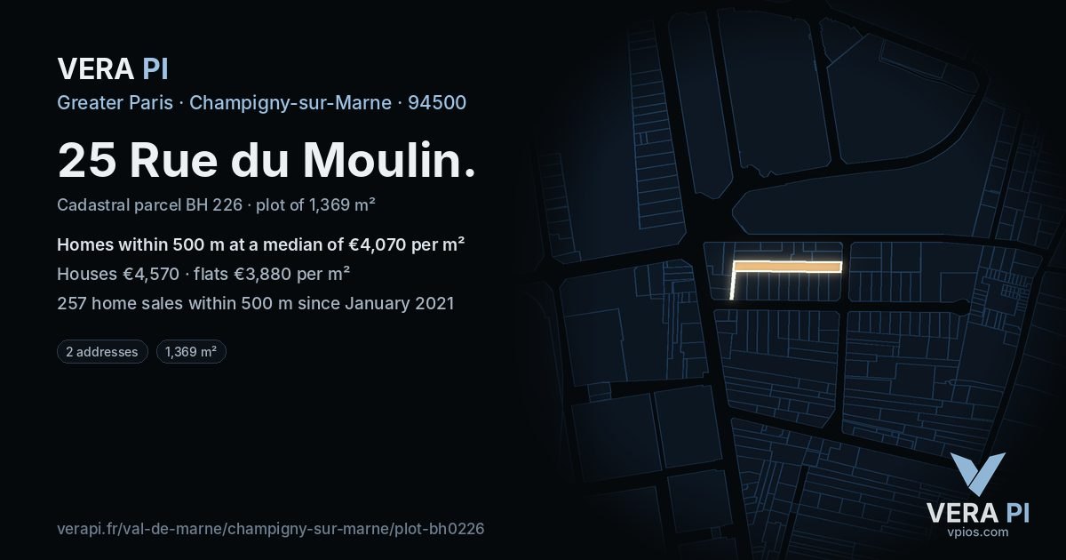 25 Rue du Moulin, Champigny-sur-Marne at night – the plot lit, the parcels around coloured by the prices near them