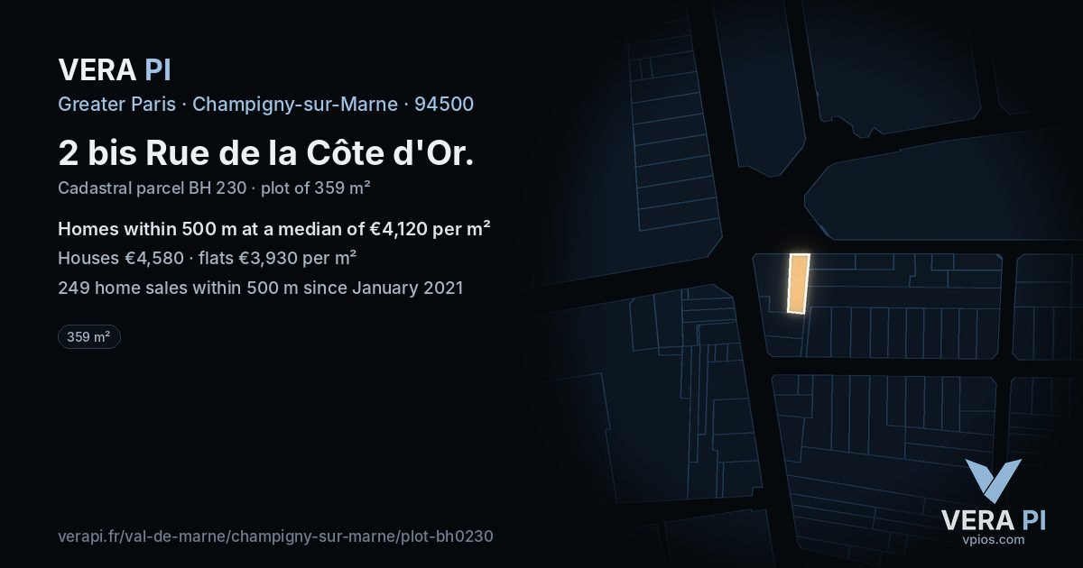 2 bis Rue de la Côte d'Or, Champigny-sur-Marne at night – the plot lit, the parcels around coloured by the prices near them